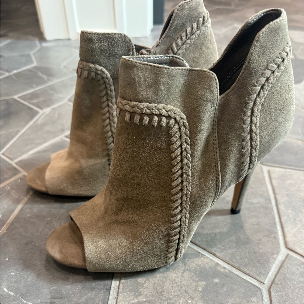 Vince Camuto Taupe Suede Peep-Toe Booties